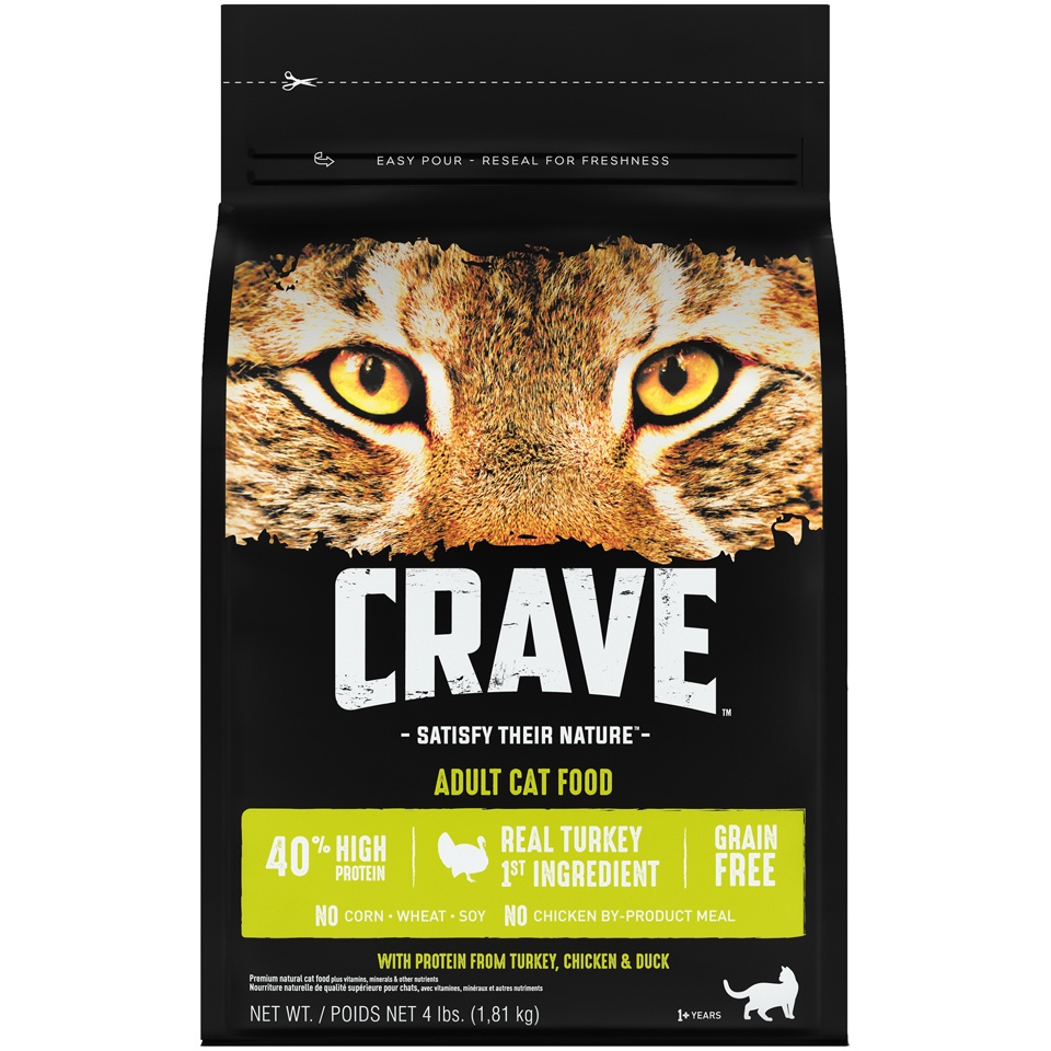 slide 1 of 1, CRAVE Grain Free with Protein from Turkey, Chicken & Duck Dry Adult Cat Food, 4 lb