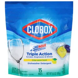 Clorox Pacs Triple Action Crisp Lemon Scent Dishwasher Detergent 15 ea