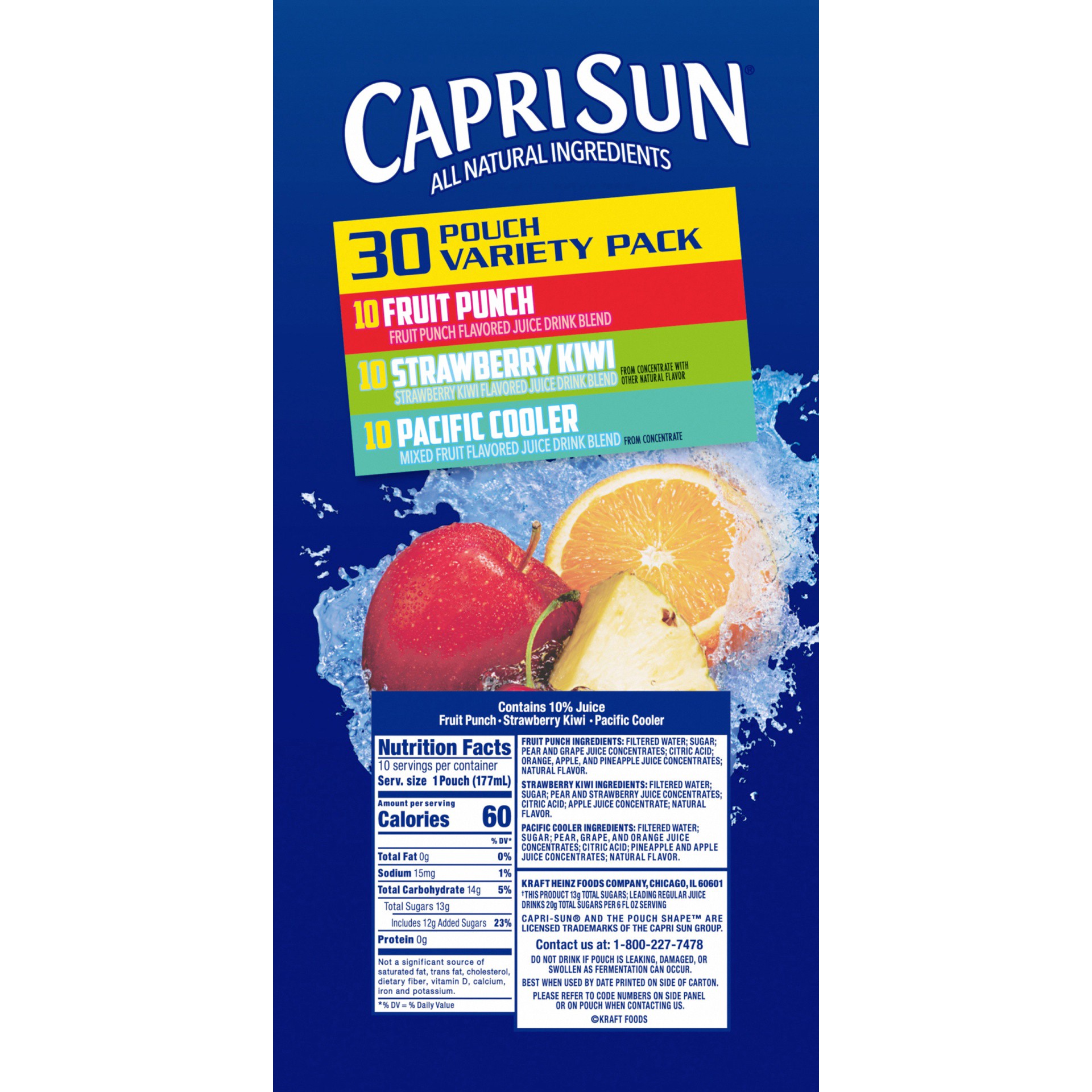 slide 2 of 13, Capri Sun Fruit Punch, Strawberry Kiwi and Pacific Cooler Flavored Juice Drink Blend Variety Pack, 30 ct Box, 6 fl oz Pouches, 30 ct