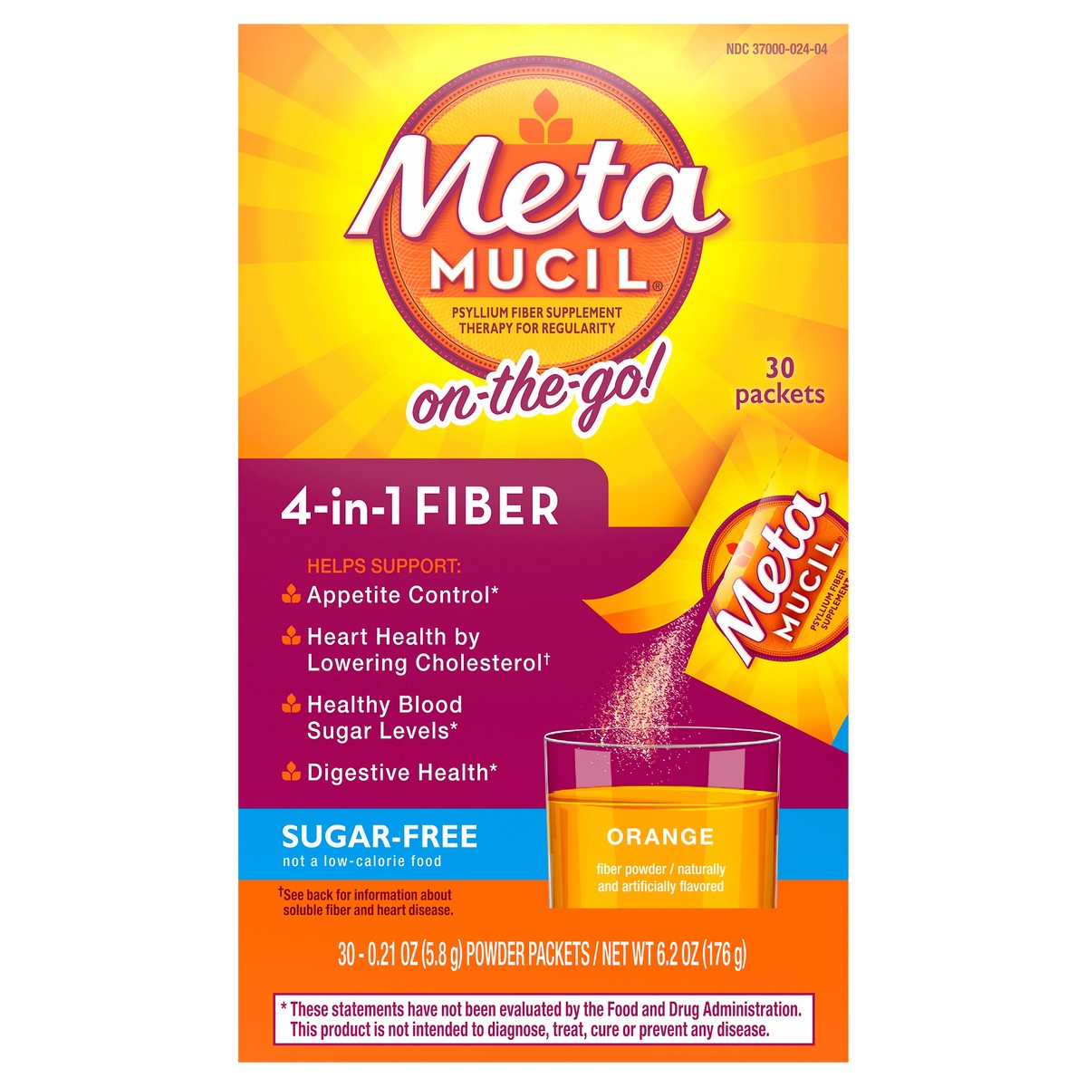 slide 1 of 3, Metamucil On-the-Go, Psyllium Husk Fiber Supplement, 4-in-1 Fiber for Digestive Health, Sugar Free, Orange Flavor, 30 packets, 30 ct