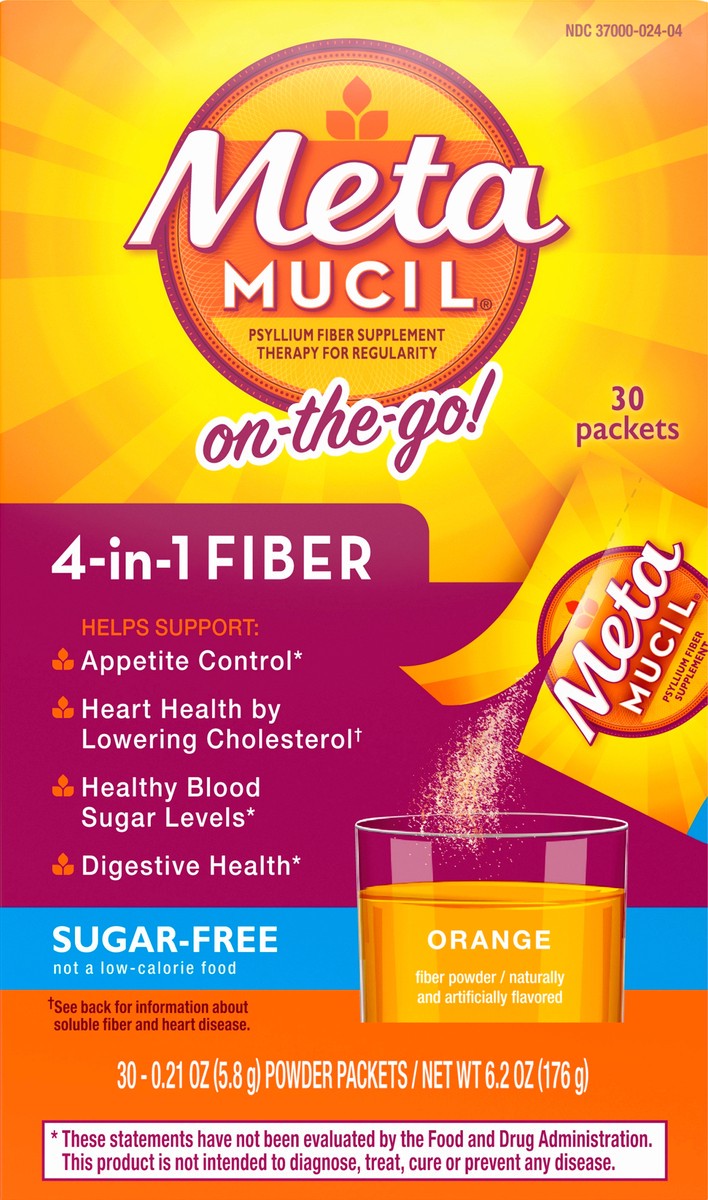 slide 3 of 3, Metamucil On-the-Go, Psyllium Husk Fiber Supplement, 4-in-1 Fiber for Digestive Health, Sugar Free, Orange Flavor, 30 packets, 30 ct