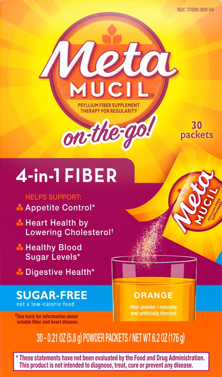 slide 1 of 3, Metamucil On-the-Go, Psyllium Husk Fiber Supplement, 4-in-1 Fiber for Digestive Health, Sugar Free, Orange Flavor, 30 packets, 30 ct