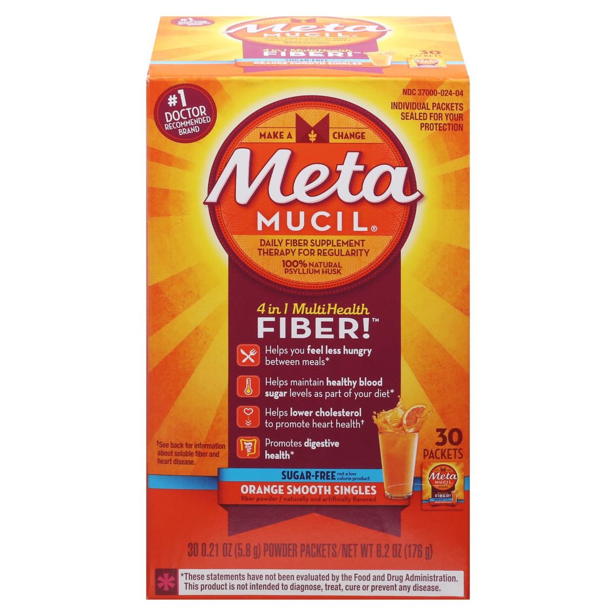 slide 1 of 10, Meta Mucil Sugar Free Packets 4 in 1 Orange Smooth Singles MultiHealth Fiber 30 - 0.21 oz Packets, 30 ct; 0.21 oz