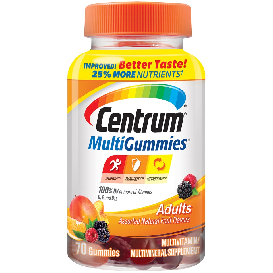 slide 1 of 3, Centrum Adult MultiGummies, Natural Cherry, Berry, Orange Flavors) Multivitamin / Multimineral Supplement Gummy, Vitamin D3, B Vitamins, Antioxidants, 70 ct