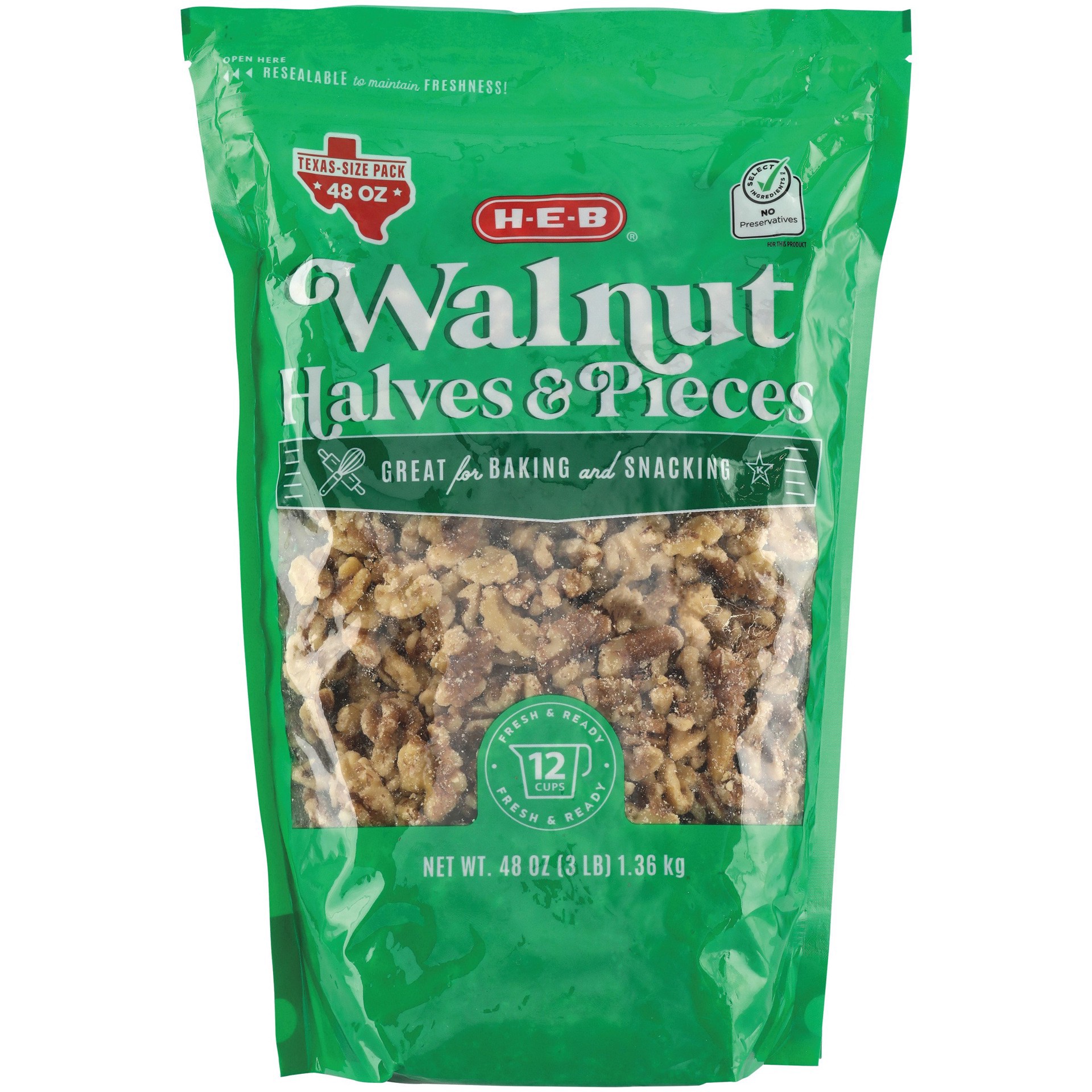 slide 1 of 1, H-E-B Walnut Halves & Pieces - Texas-Size Pack, 48 oz