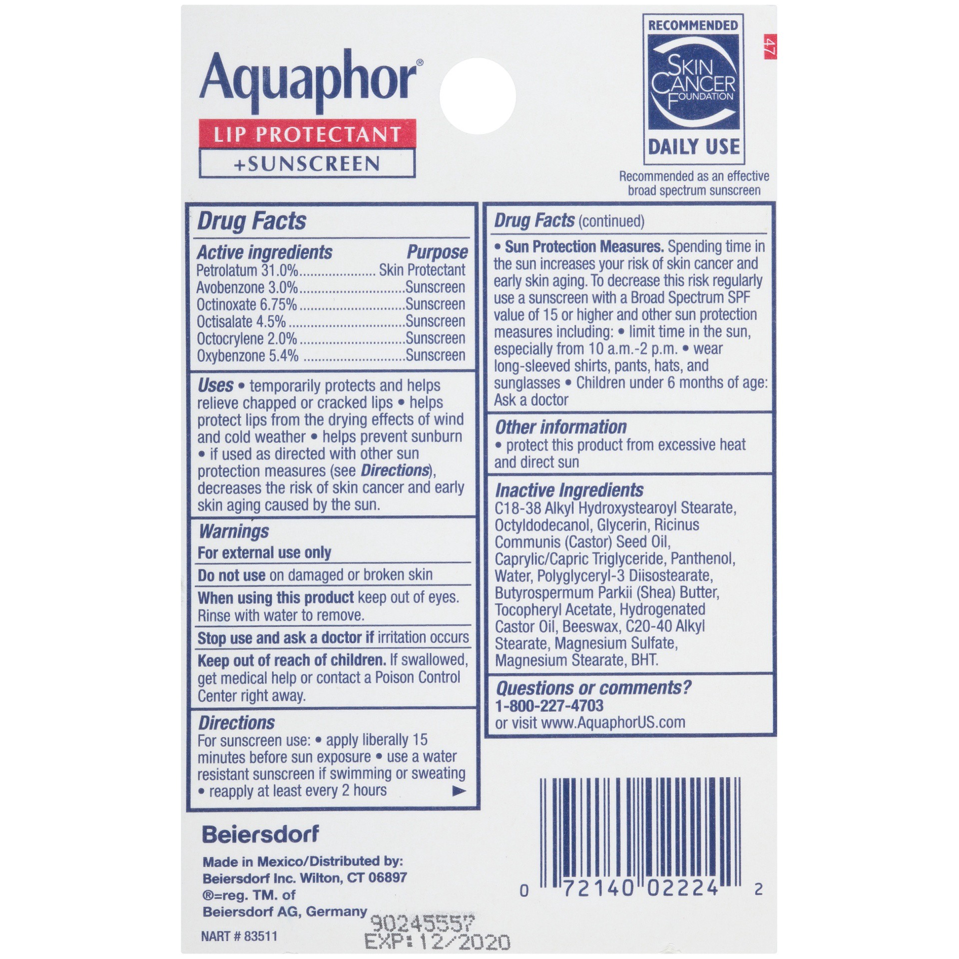 slide 4 of 4, Aquaphor Lip Protectant + Sunscreen Lip Balm 2-.35 fl. oz. Carded Pack, 2 ct