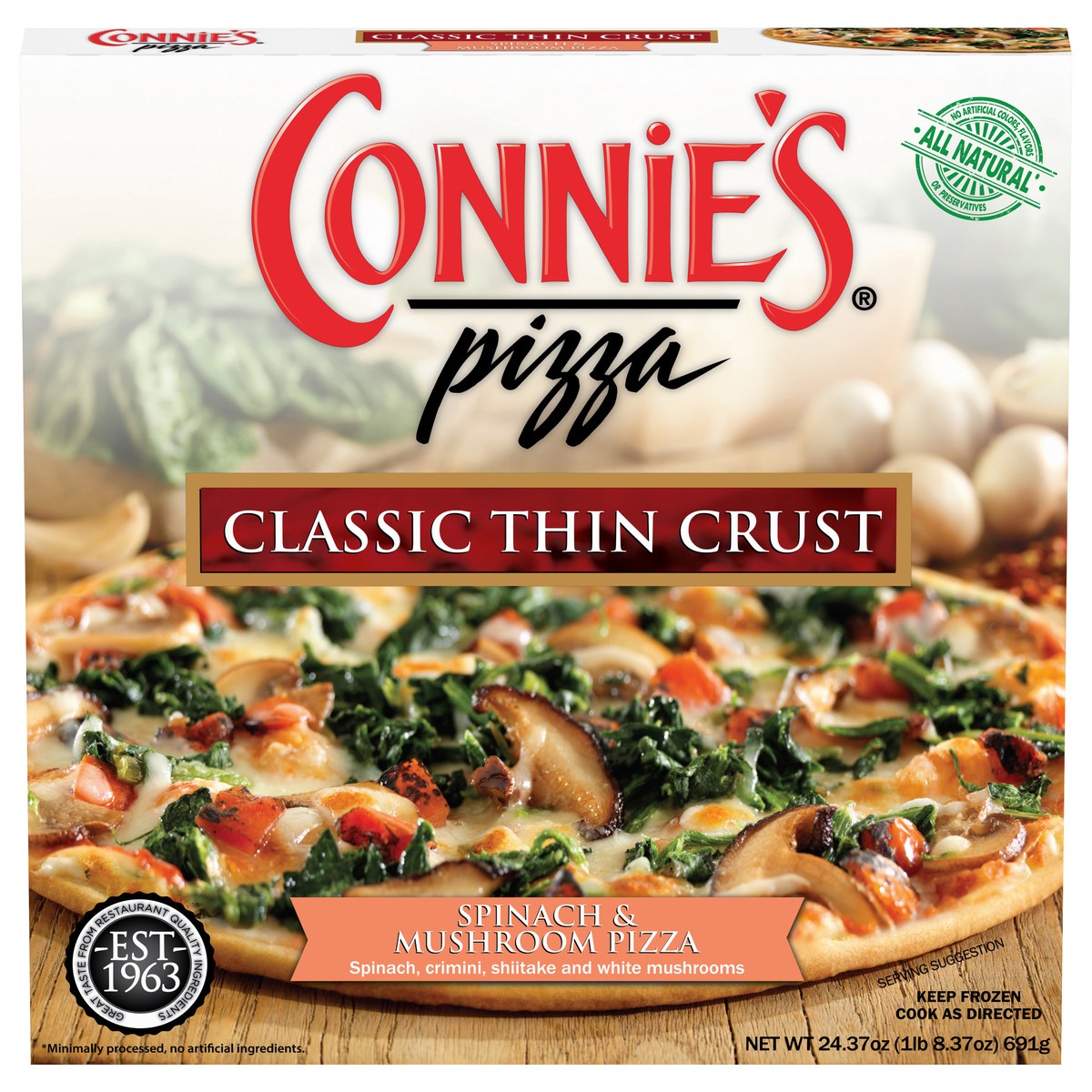 slide 13 of 14, Connie's Pizza Classic Thin Crust Spinach & Mushroom Pizza 24.37 oz, 24.37 oz