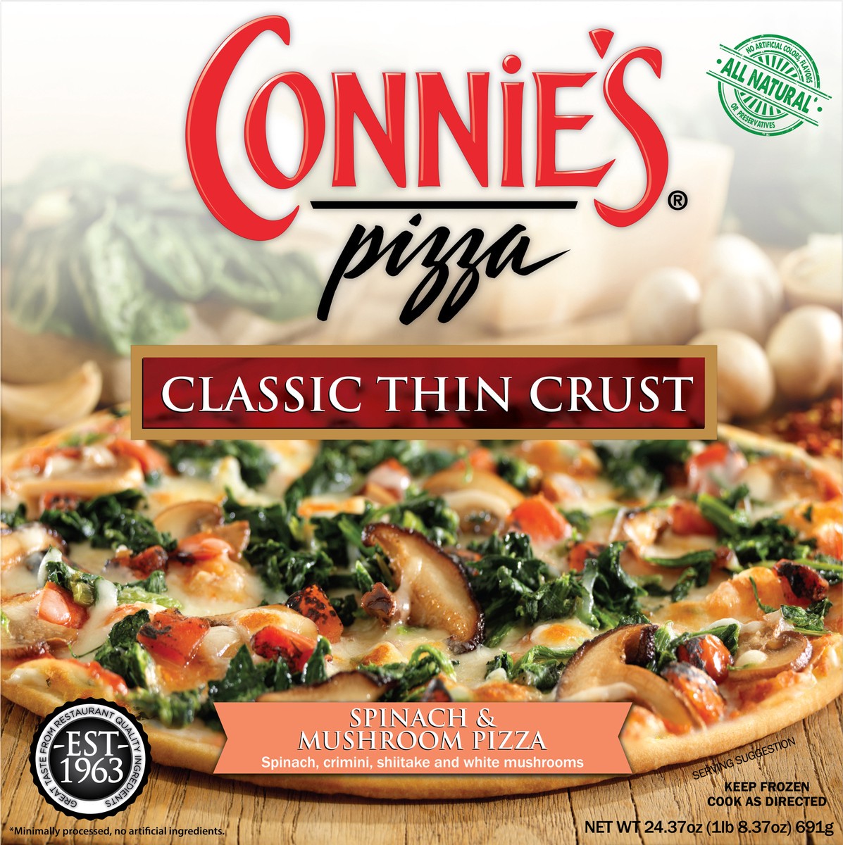 slide 5 of 14, Connie's Pizza Classic Thin Crust Spinach & Mushroom Pizza 24.37 oz, 24.37 oz