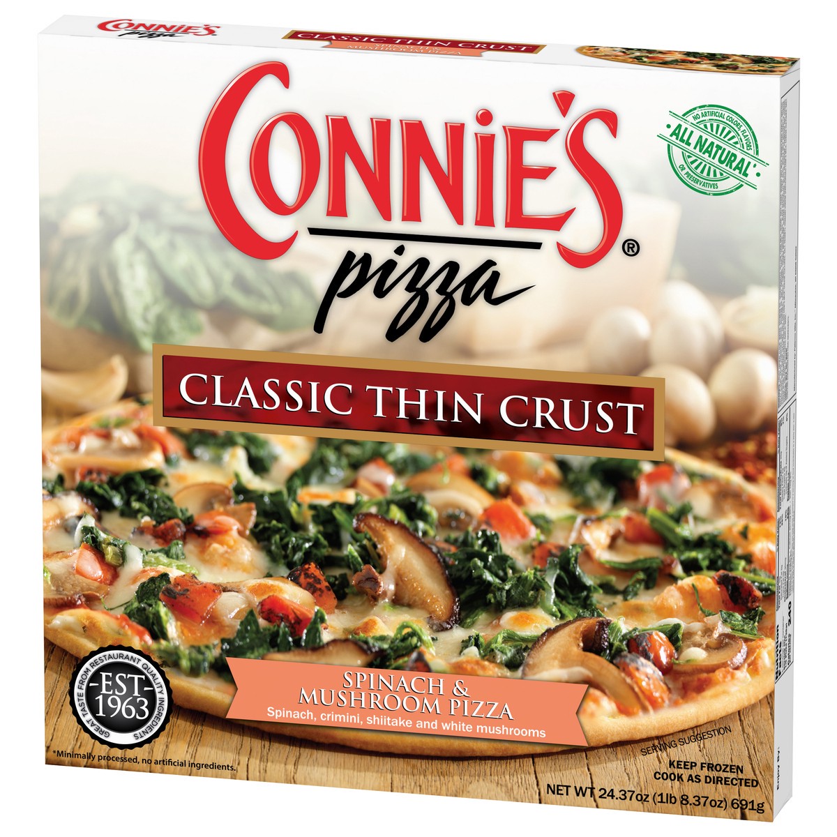 slide 7 of 14, Connie's Pizza Classic Thin Crust Spinach & Mushroom Pizza 24.37 oz, 24.37 oz