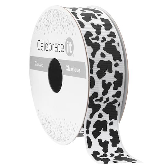 slide 1 of 2, 7/8" X 7yd. Black & White Cow Print Ribbon By Celebrate It Classic, 7/8 in x 7 yd