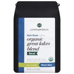 Lunds & Byerlys Organic Decaf Dark Roast Whole Bean Great Lakes Blend Coffee 12 oz