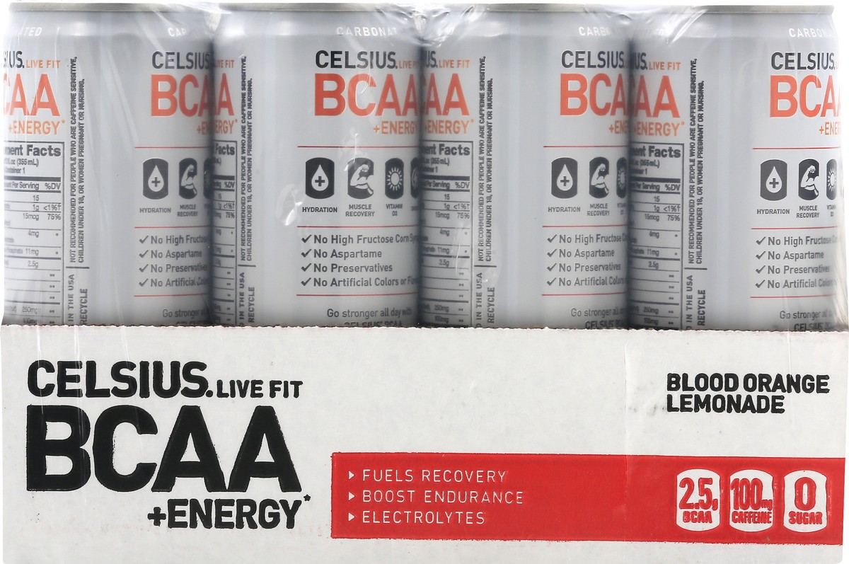 slide 5 of 9, CELSIUS BCAA + Energy Blood Orange Lemonade Energy Drink - 12 ct, 12 ct