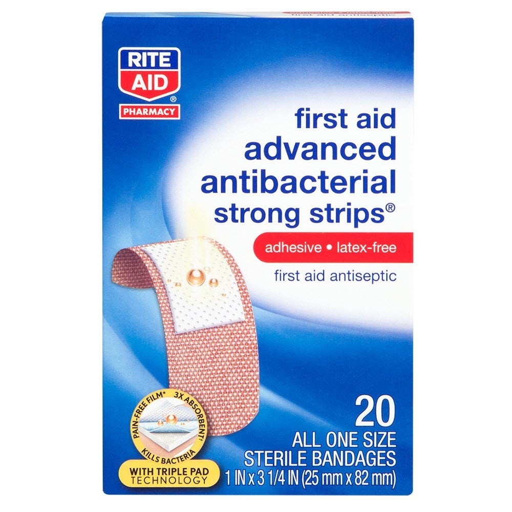 slide 1 of 1, Rite Aid First Aid Advanced Antibacterial Strong Strips Adhesive Bandages, 20 ct