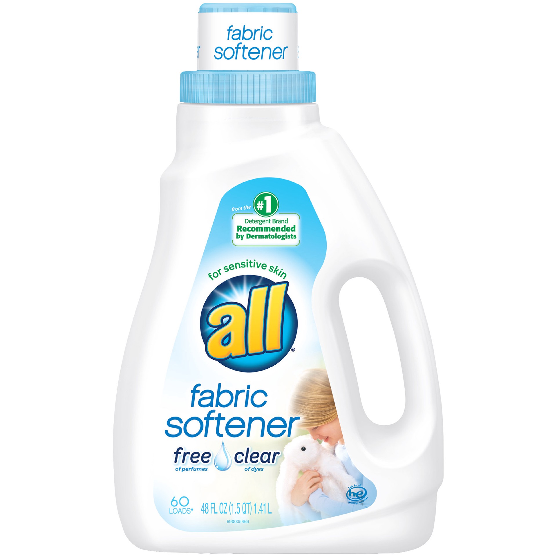 slide 1 of 2, All Liquid Fabric Softener for Sensitive Skin, Free Clear, 48 Fluid Ounces, 60 Loads, 48 oz