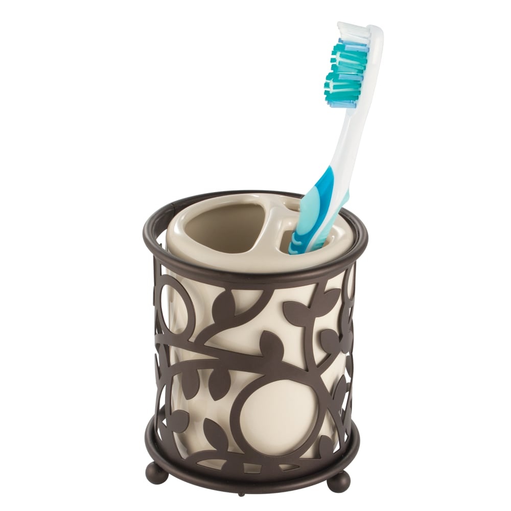 slide 1 of 1, Interdesign Vine Ceramic And Steel Toothbrush Holder - Bronze/Vanilla - 3.5 X 3.5 X 4 Inch, 1 ct