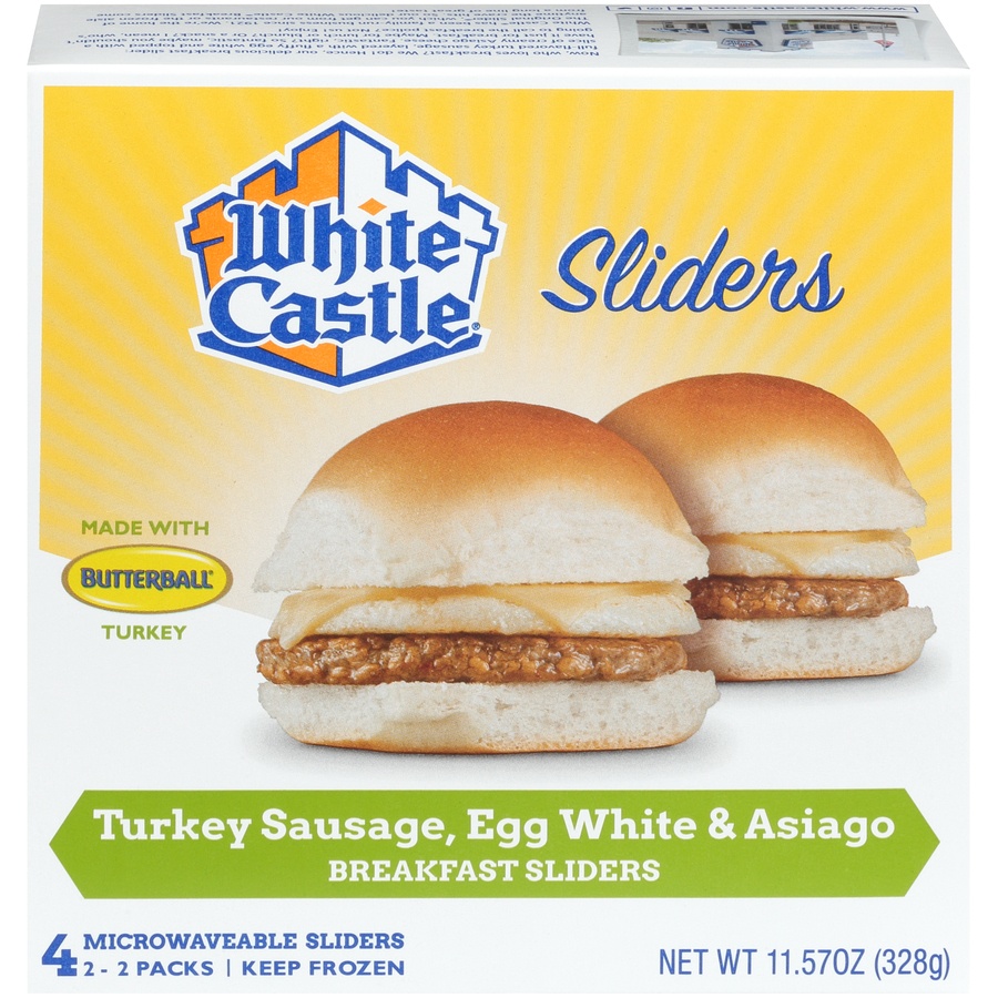 slide 1 of 8, White Castle Breakfast Sliders Turkey Sausage Egg White & Asiago, 11.57 oz