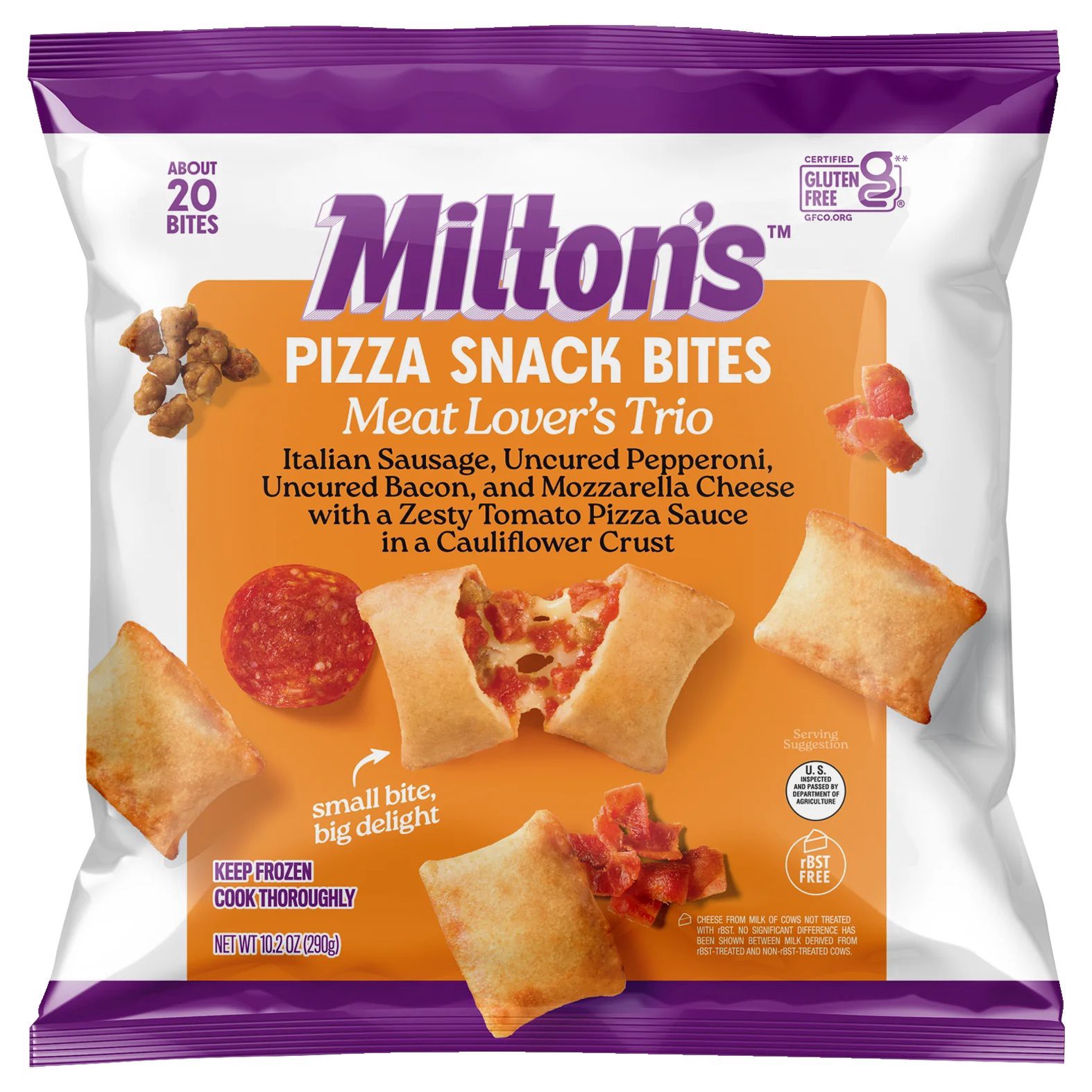 slide 1 of 1, Milton's Meat Lovers Trio Pizza Snack Bites, 10.2 oz