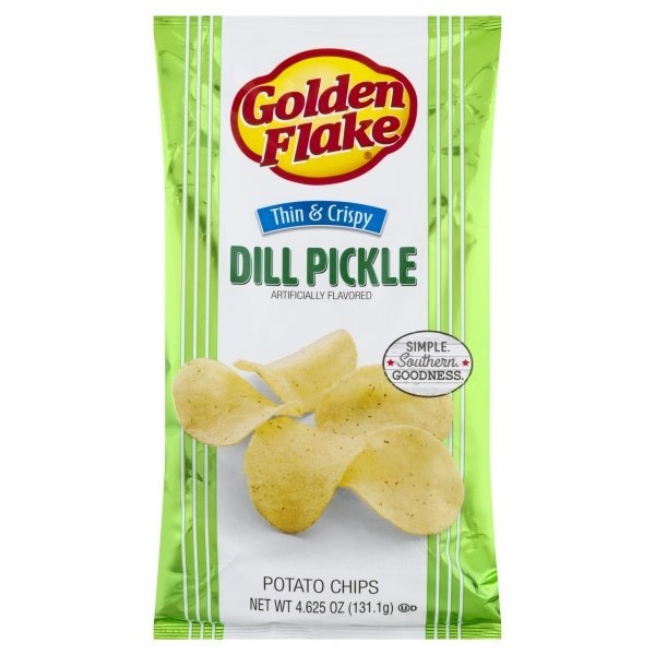 slide 1 of 10, Golden Flake Potato Chips, Thin & Crispy, Dill Pickle Flavored, 4.62 oz