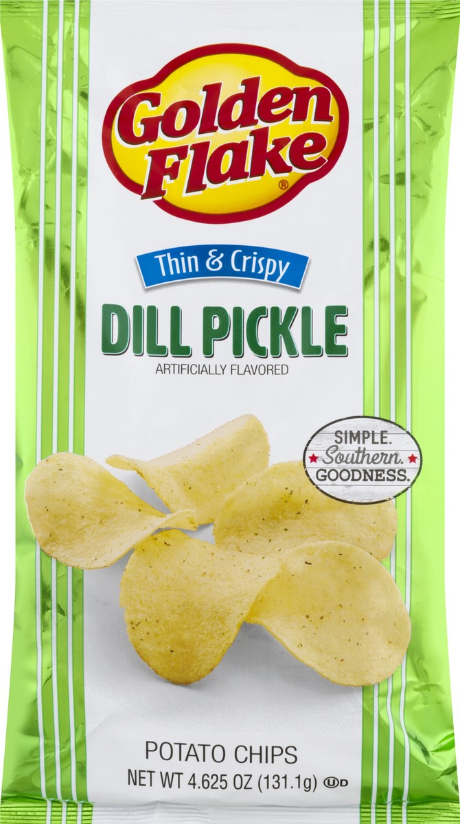 slide 9 of 10, Golden Flake Potato Chips, Thin & Crispy, Dill Pickle Flavored, 4.62 oz