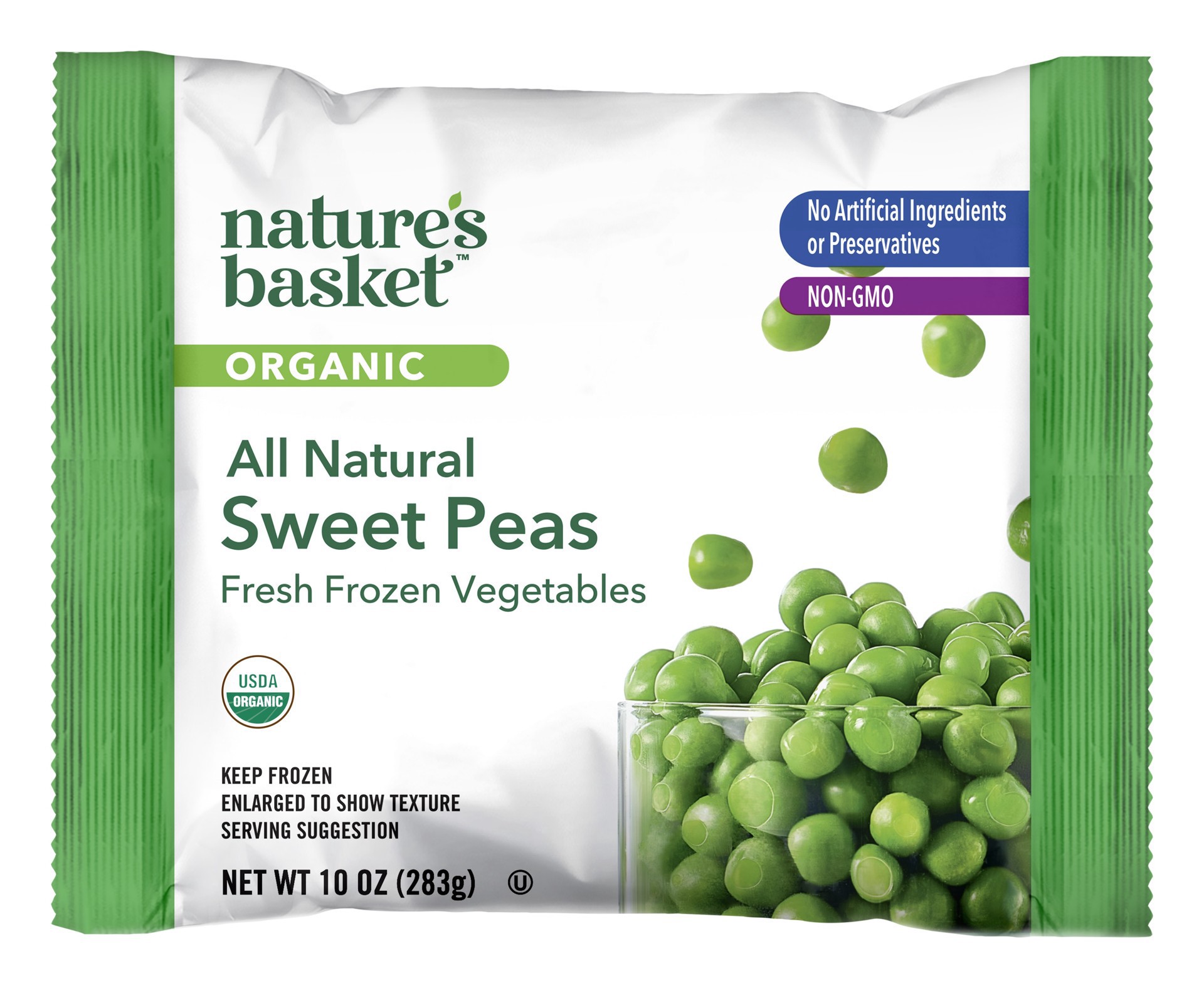 slide 1 of 1, nature's basket Organic Sweet Peas, 10 oz