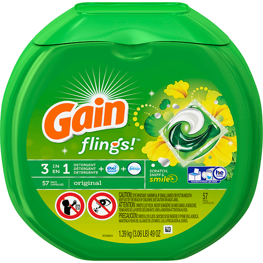 slide 4 of 10, Gain Flings Original Laundry Detergent Pacs, 57 ct