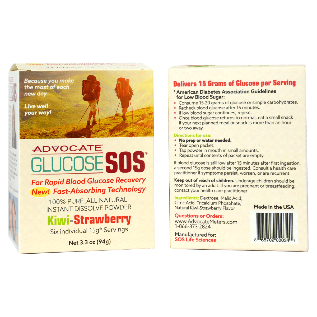 slide 1 of 1, Advocate Glucose Sos Kiwi-Strawberry Instant Dissolve Glucose Powder, 3.3 oz