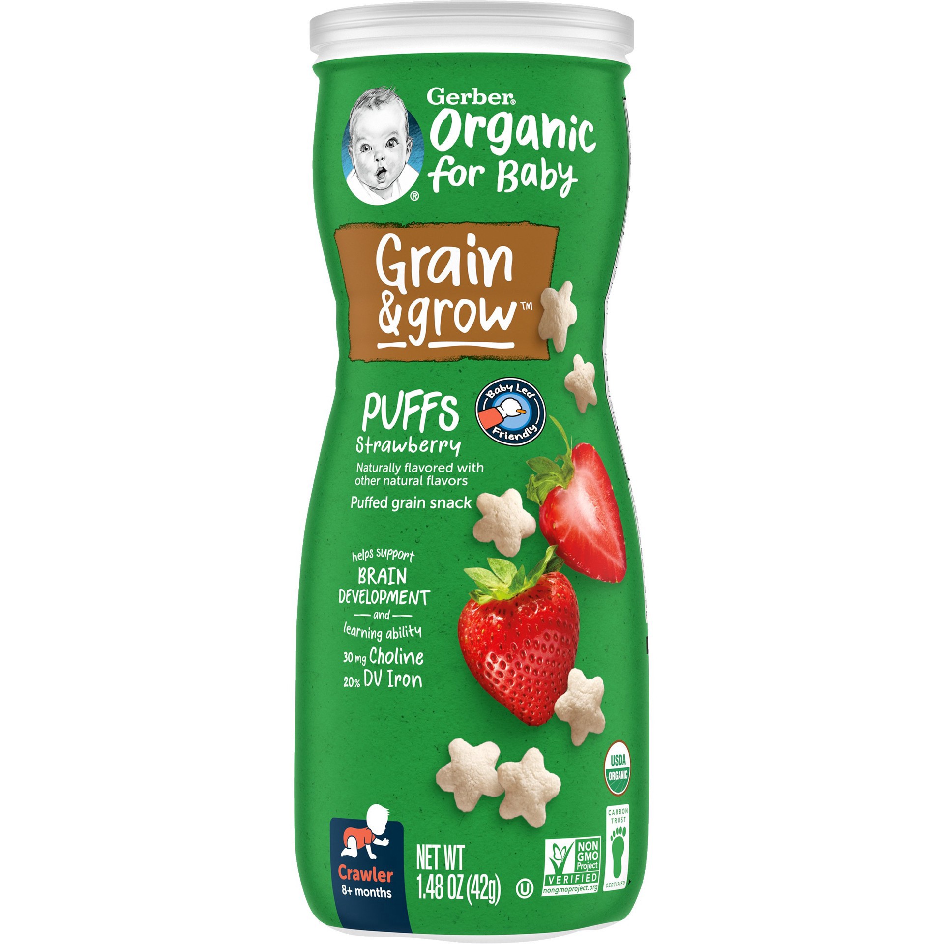 slide 1 of 1, Gerber Organic for Baby Crawler (8+ Months) Grain & Grow Strawberry Puffed Grain Snack 1.48 oz, 1.48 oz