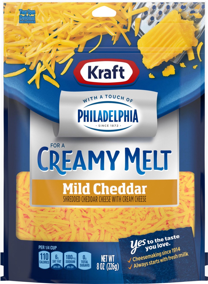 slide 8 of 8, Kraft Mild Cheddar Shredded Cheese with a Touch of Philadelphia for a Creamy Melt, 8 oz Bag, 8 oz