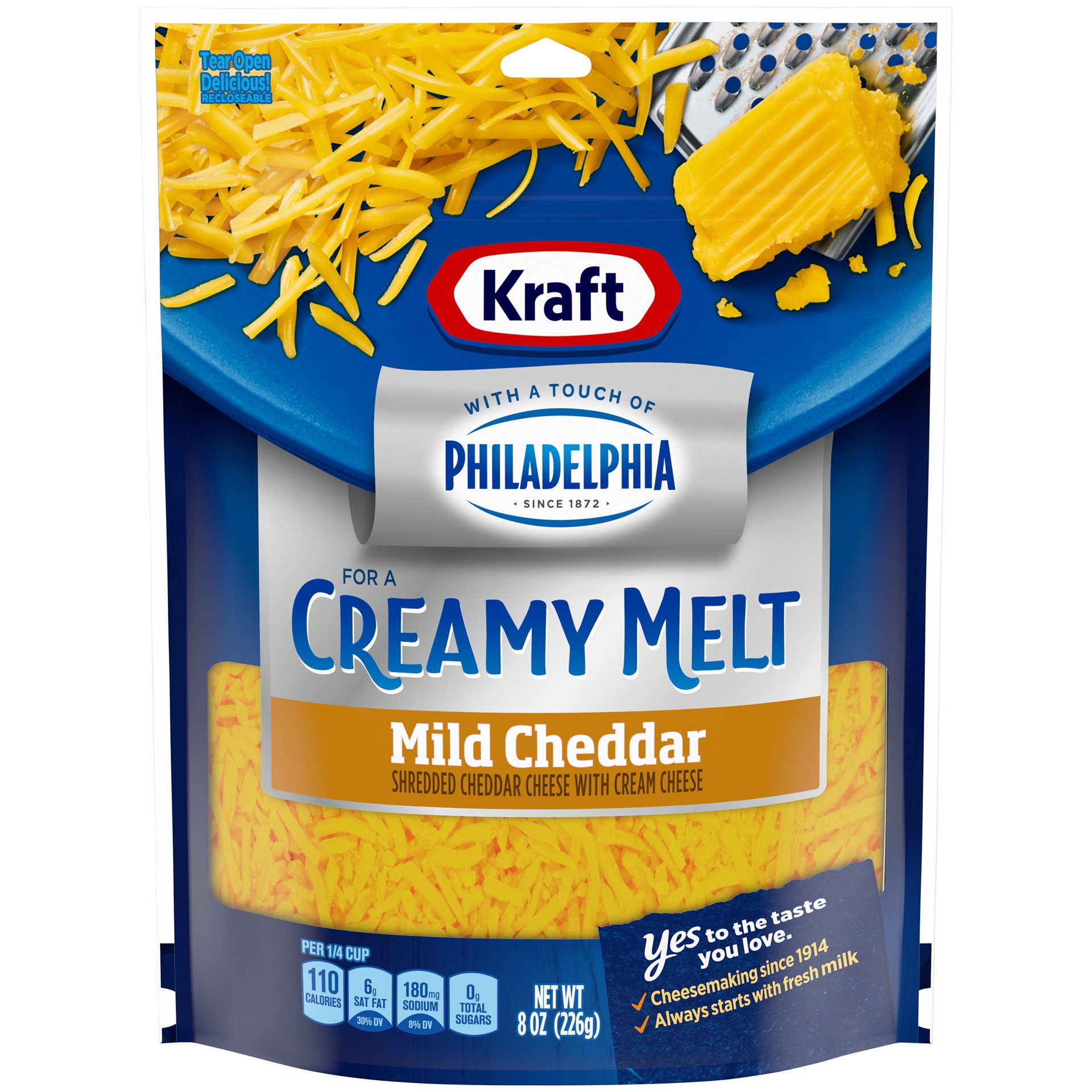 slide 1 of 8, Kraft Mild Cheddar Shredded Cheese with a Touch of Philadelphia for a Creamy Melt, 8 oz Bag, 8 oz