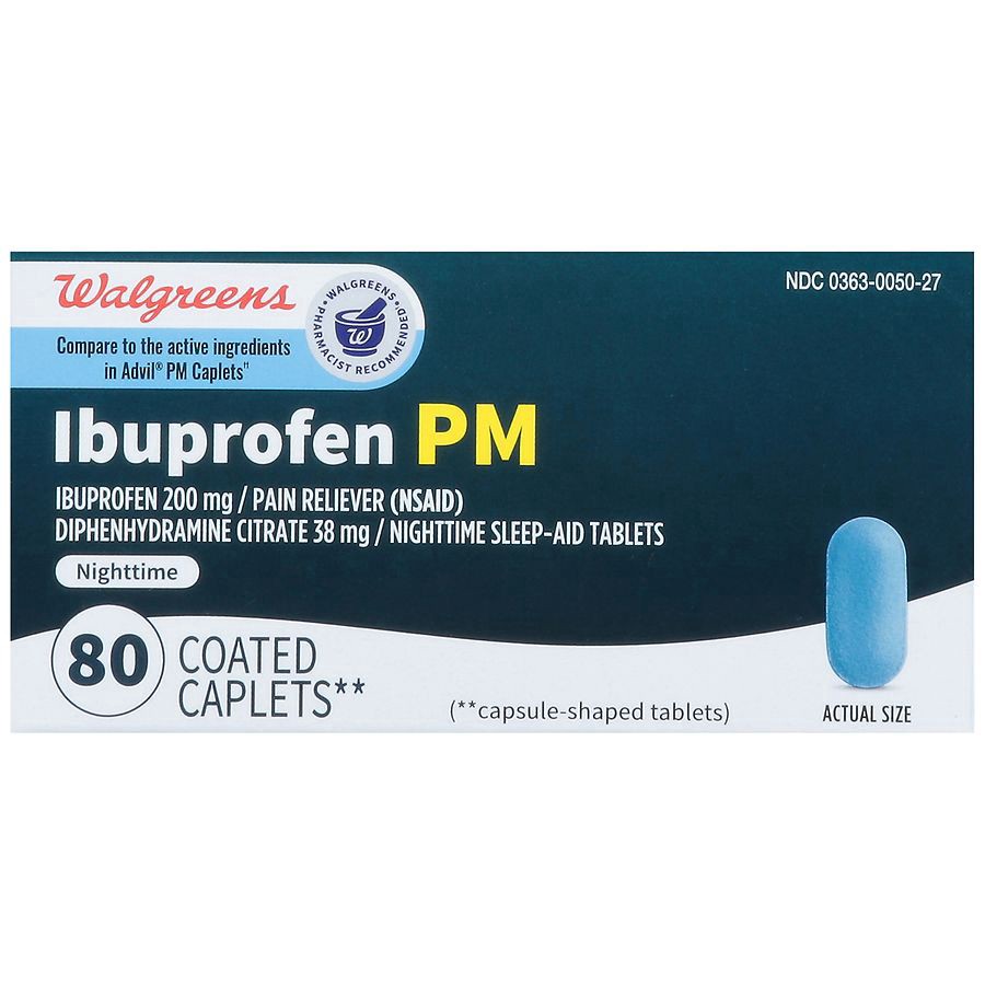 slide 4 of 5, Walgreens Ibuprofen PM, Ibuprofen and Diphenhydramine Citrate Tablets, 200 mg/38 mg, 80 ct
