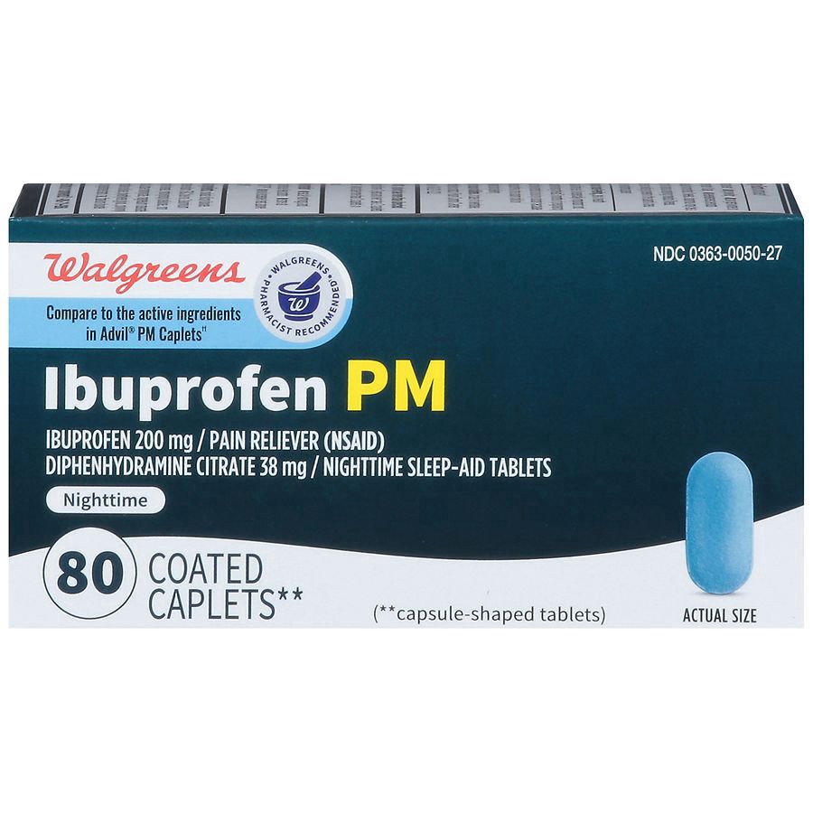 slide 1 of 5, Walgreens Ibuprofen PM, Ibuprofen and Diphenhydramine Citrate Tablets, 200 mg/38 mg, 80 ct