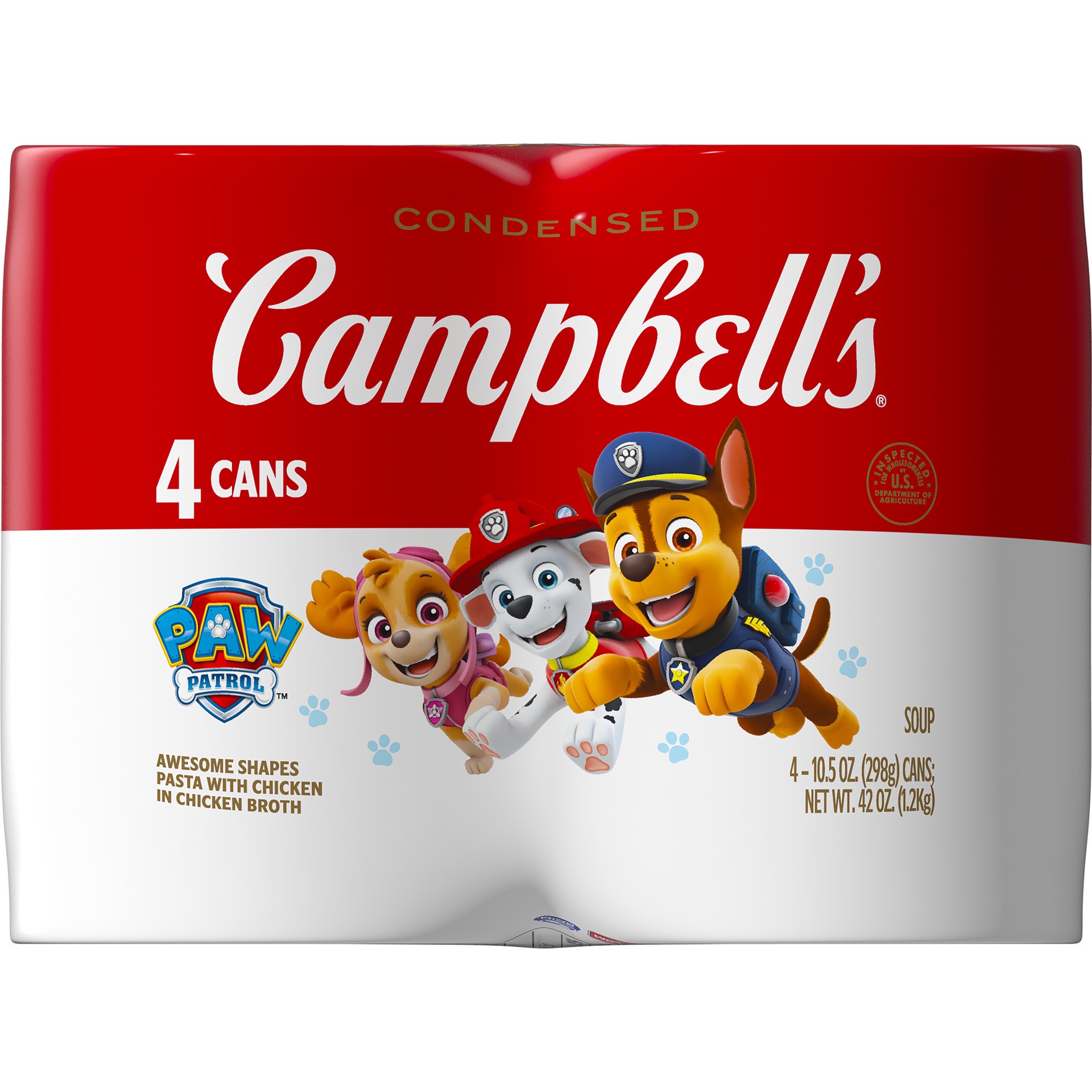 slide 3 of 5, Campbell's Condensed Kids Soup, Paw Patrol Awesome Shapes Pasta With Chicken in Chicken Broth, 10.5 oz Can (4 Pack), 42 oz