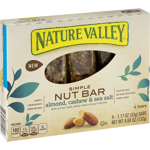 slide 2 of 9, Nature Valley Simple Nut Bar Almond, Cashew & Sea Salt, 4 ct; 4.68 oz