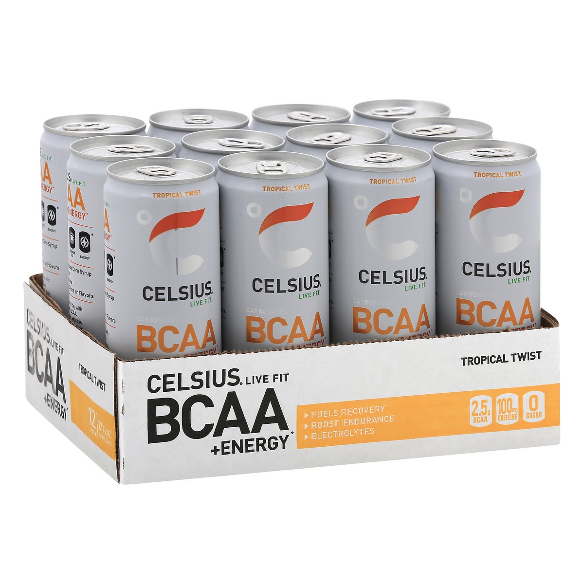 slide 4 of 9, CELSIUS 12 Pack Carbonated Tropical Twist BCAA+Energy 12 ea, 12 ct