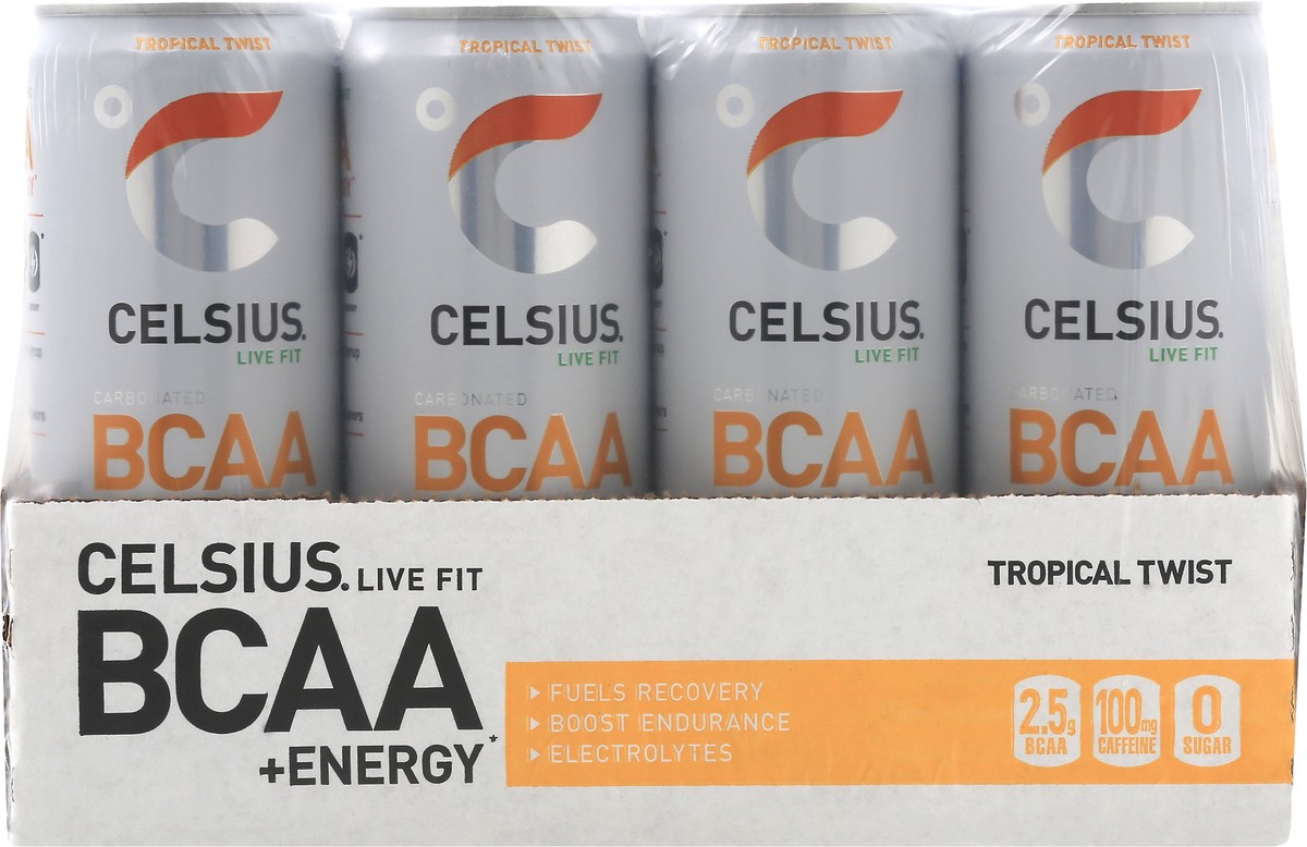 slide 1 of 9, CELSIUS 12 Pack Carbonated Tropical Twist BCAA+Energy 12 ea, 12 ct