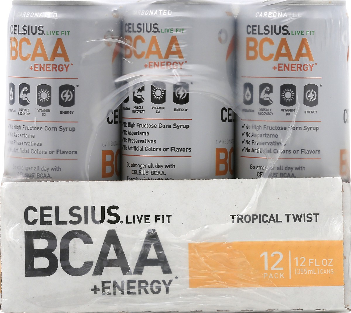 slide 7 of 9, CELSIUS 12 Pack Carbonated Tropical Twist BCAA+Energy 12 ea, 12 ct