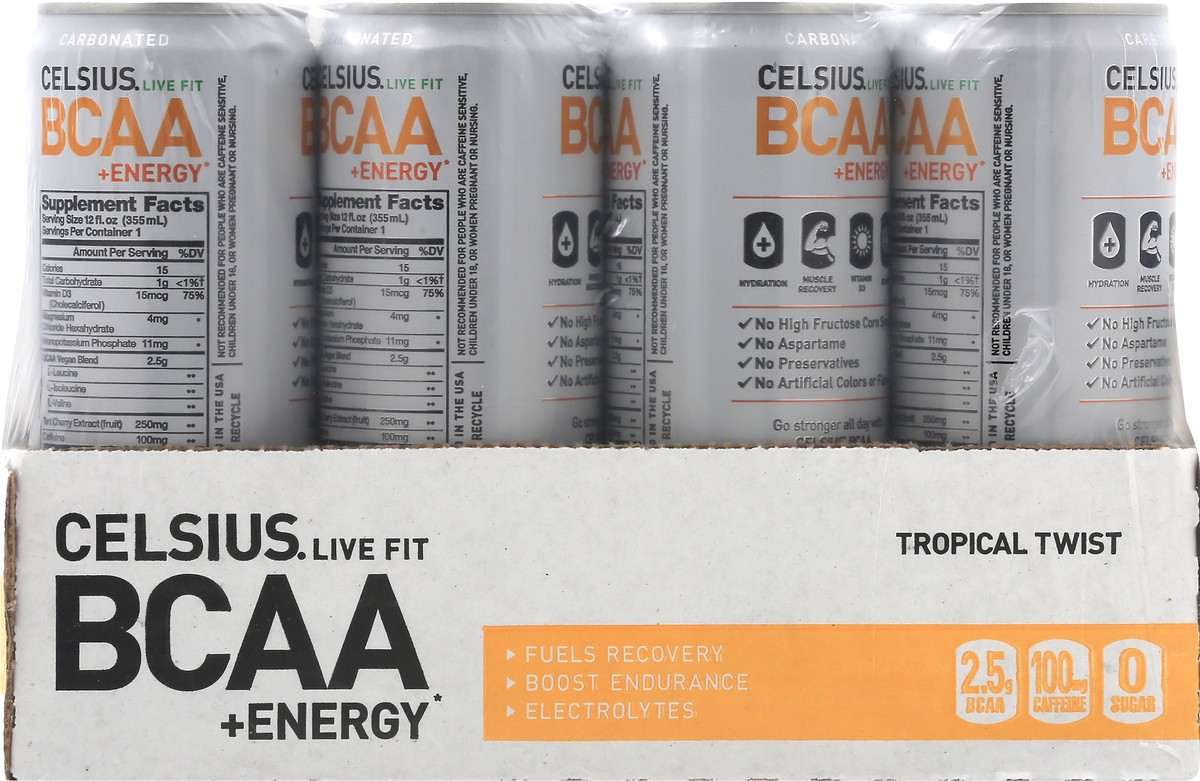 slide 3 of 9, CELSIUS 12 Pack Carbonated Tropical Twist BCAA+Energy 12 ea, 12 ct