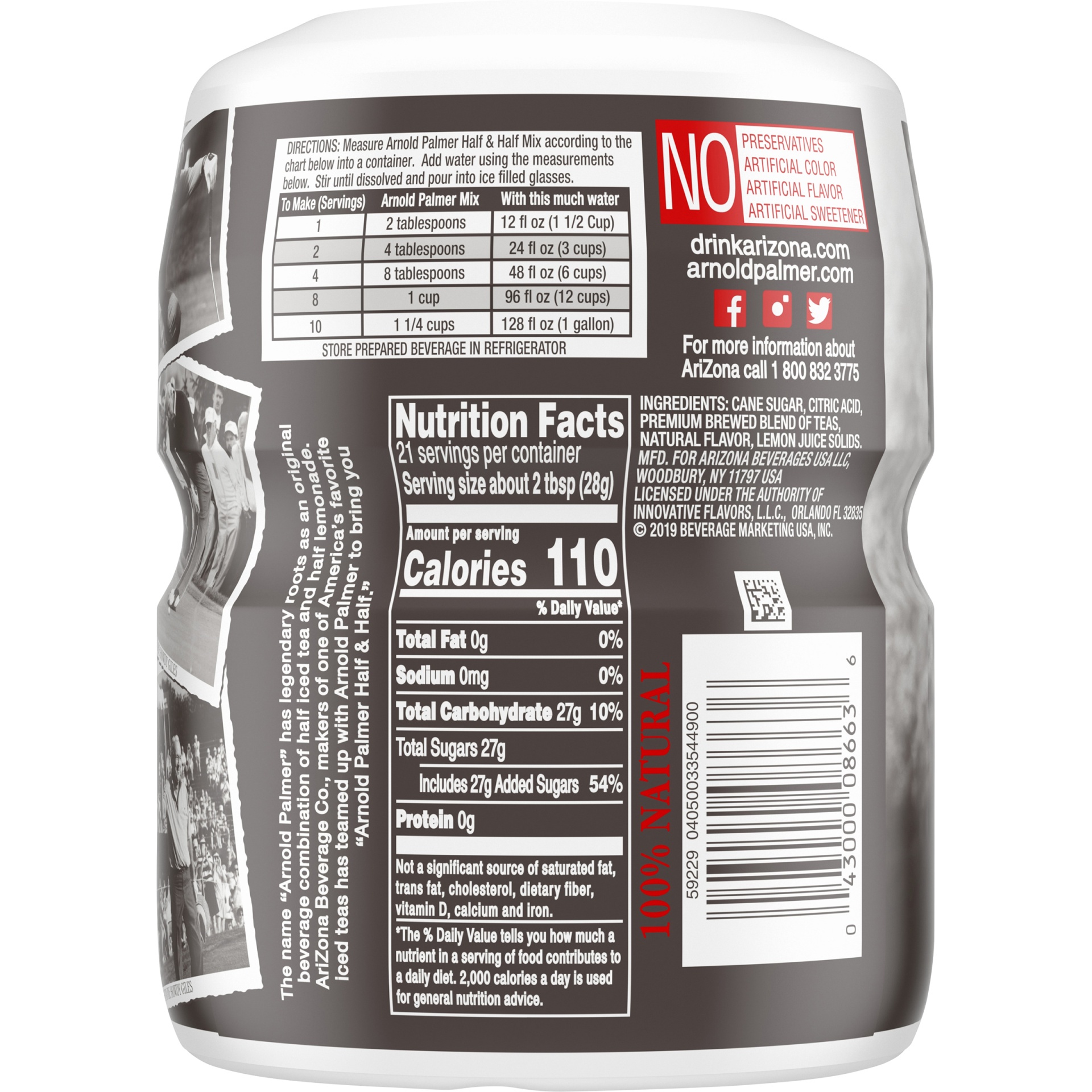 AriZona Arnold Palmer Half & Half Iced Tea Lemonade Drink Mix 20.4 oz