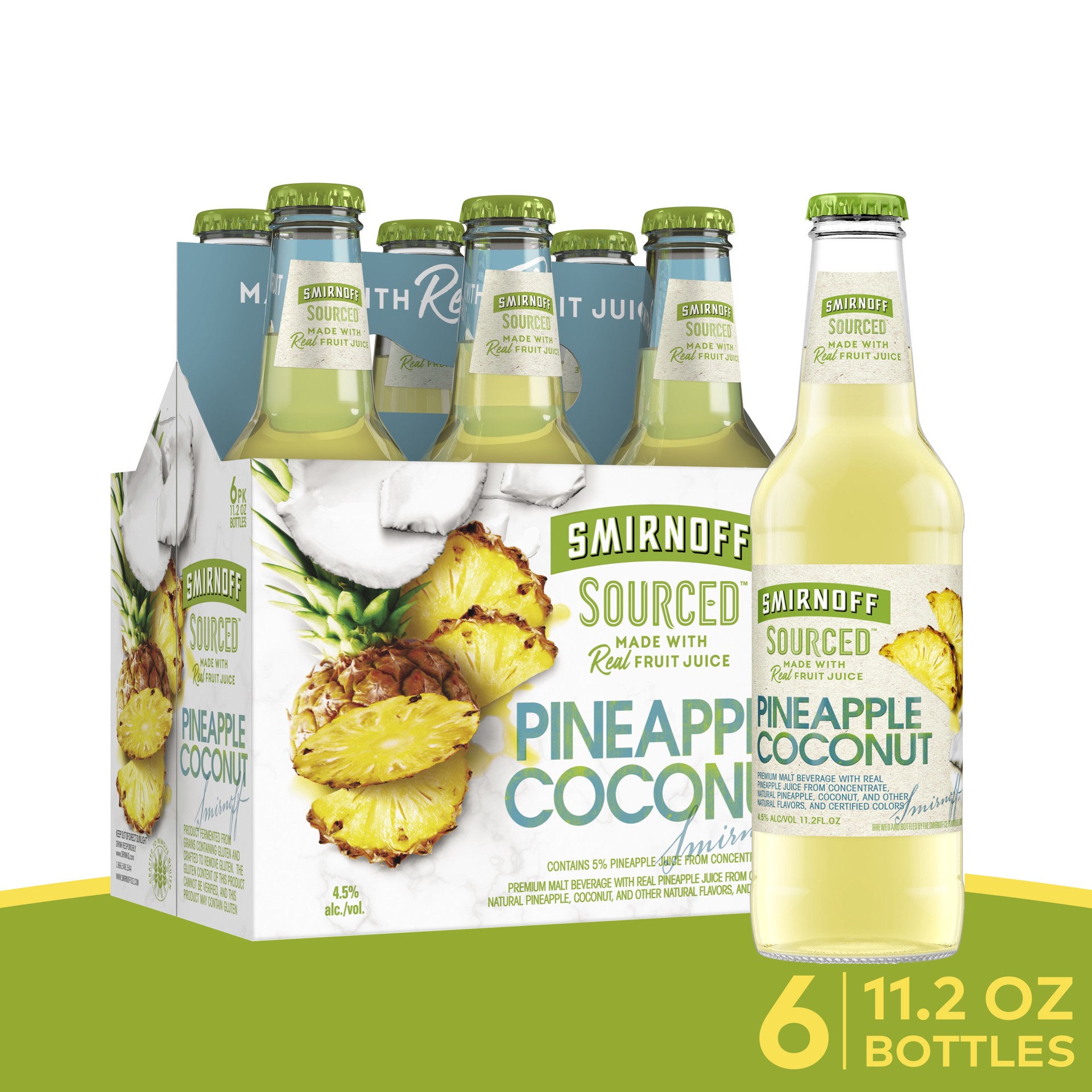 slide 1 of 7, Smirnoff Sourced Pineapple Coconut, 11.2 fl oz, 6 Pack Bottles, 4.5% ABV, 11.2 fl oz