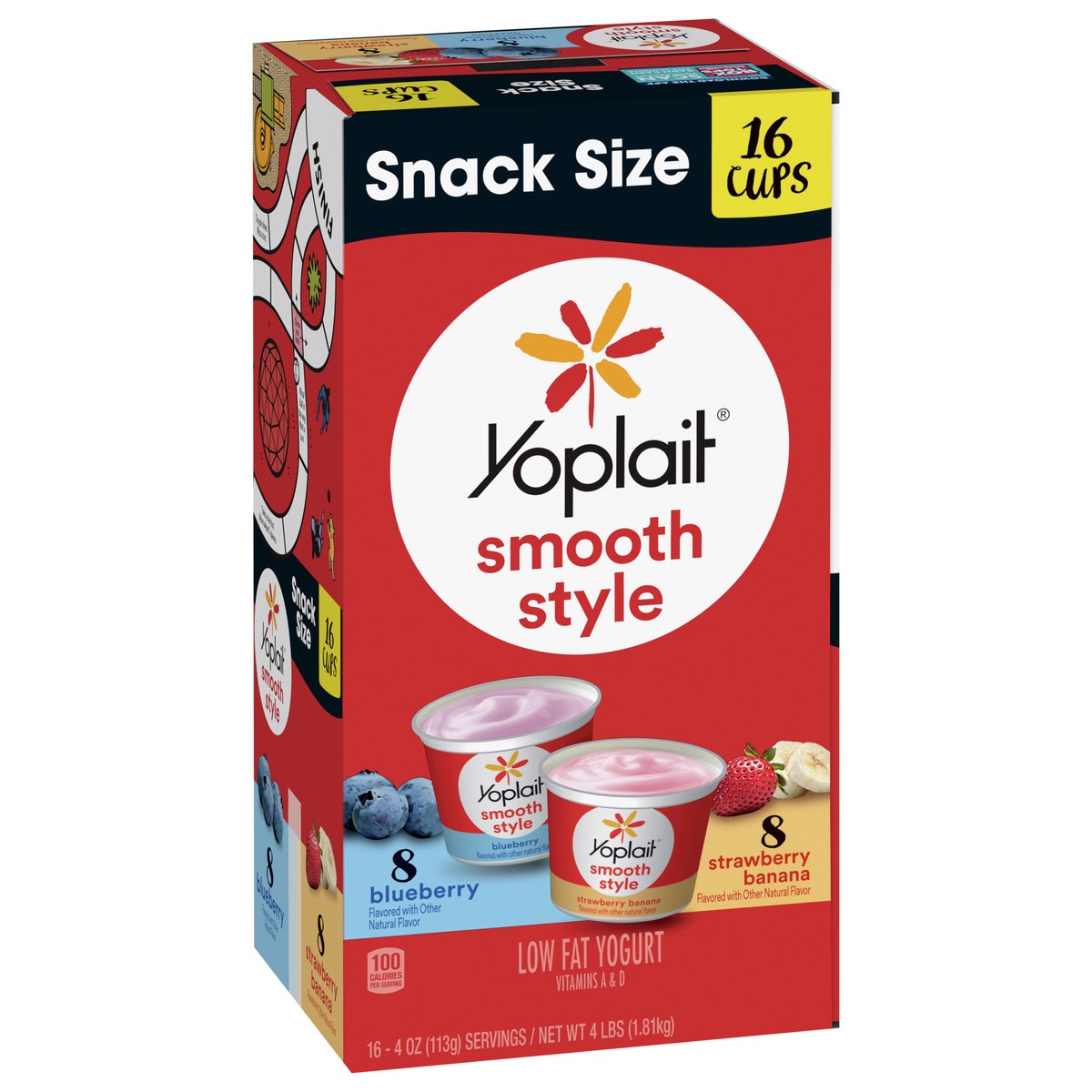 slide 7 of 9, Yoplait Smooth Style Low Fat Yogurt Variety Pack, Blueberry and Strawberry Banana Yogurt Snack Cups, Gluten Free Snacks, 4 LBS, 16 Yogurt Cups, 16 ct