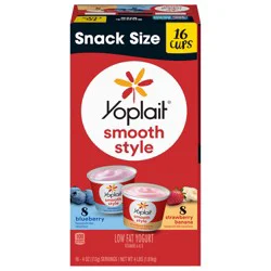 Yoplait Smooth Style Low Fat Yogurt Variety Pack, Blueberry and Strawberry Banana Yogurt Snack Cups, Gluten Free Snacks, 4 LBS, 16 Yogurt Cups