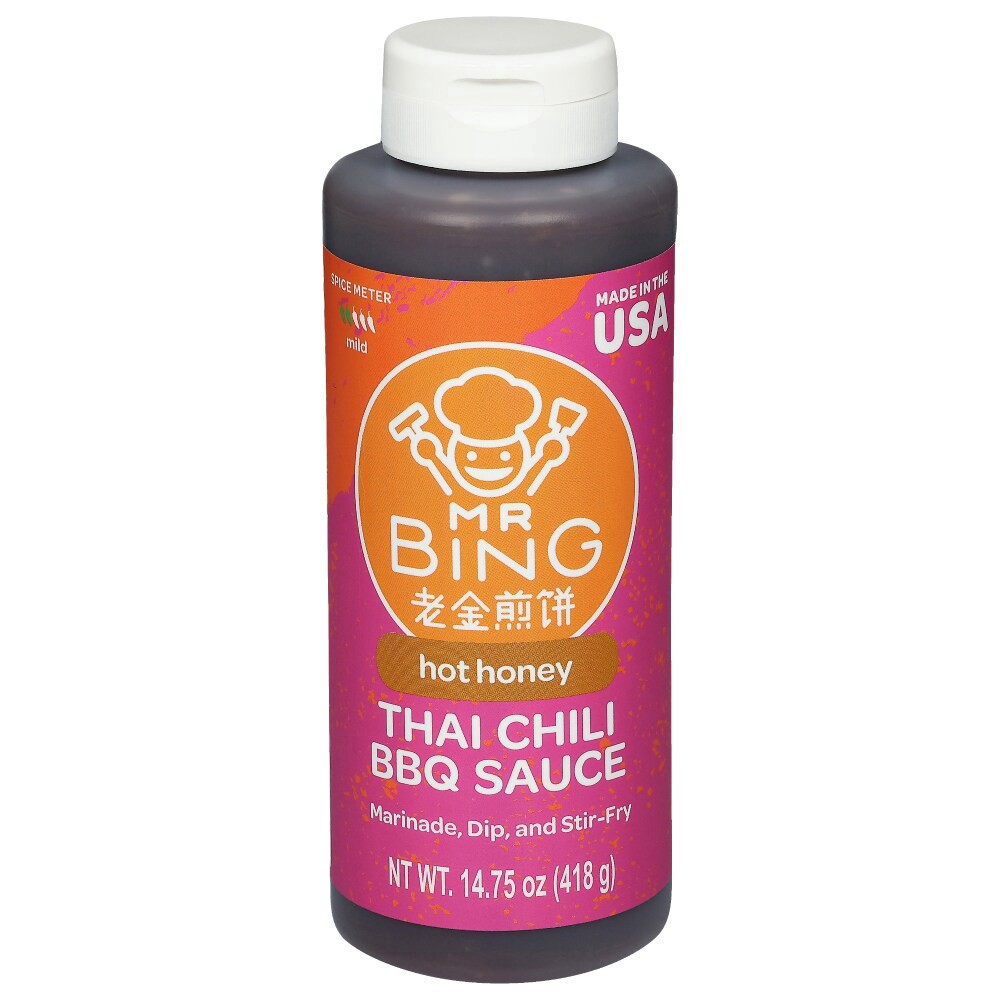 slide 1 of 4, Mr Bing Hot Honey Thai Chili Crisp BBQ Sauce, 14.75 oz