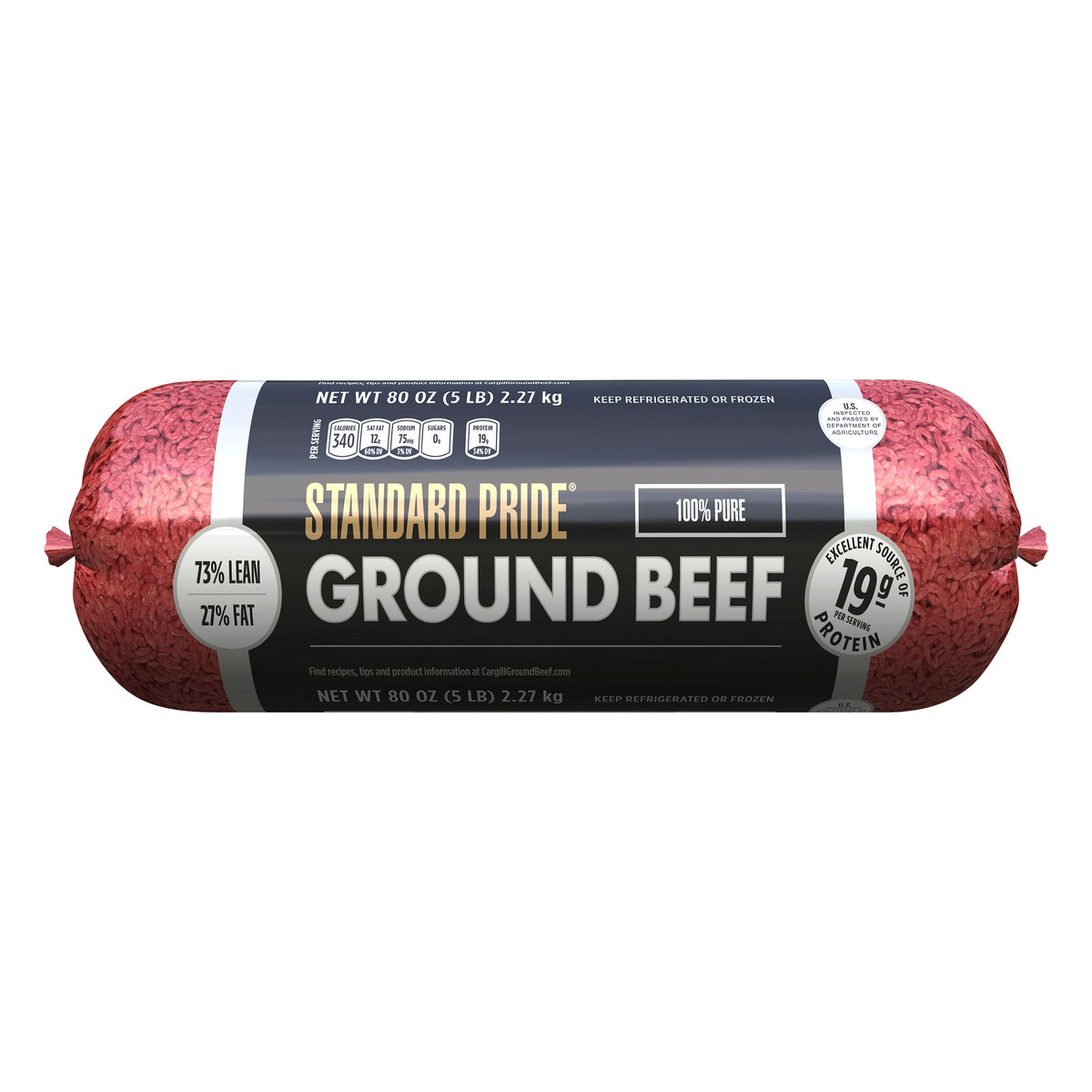 slide 1 of 3, Standard Pride 73% Lean / 27% Fat, Ground Beef Roll, 5 lb. (80 oz.), 80 oz