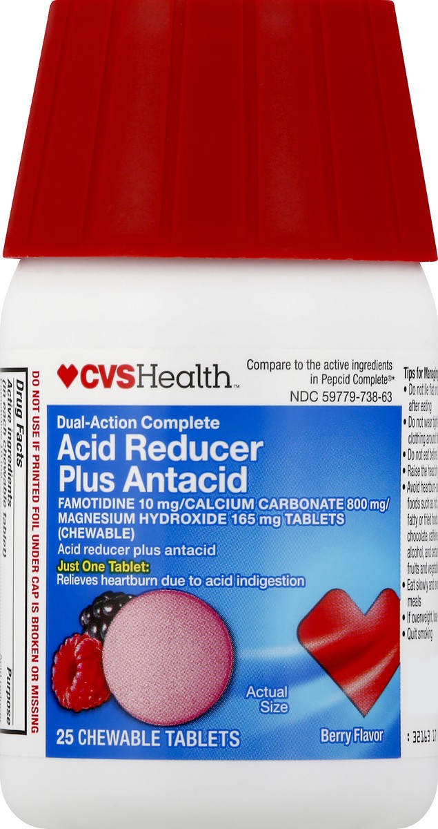 slide 1 of 9, CVS Health Dual-Action Complete Acid Reducer & Antacid Chewable Tablet, Berry, 25 Ct, 25 ct