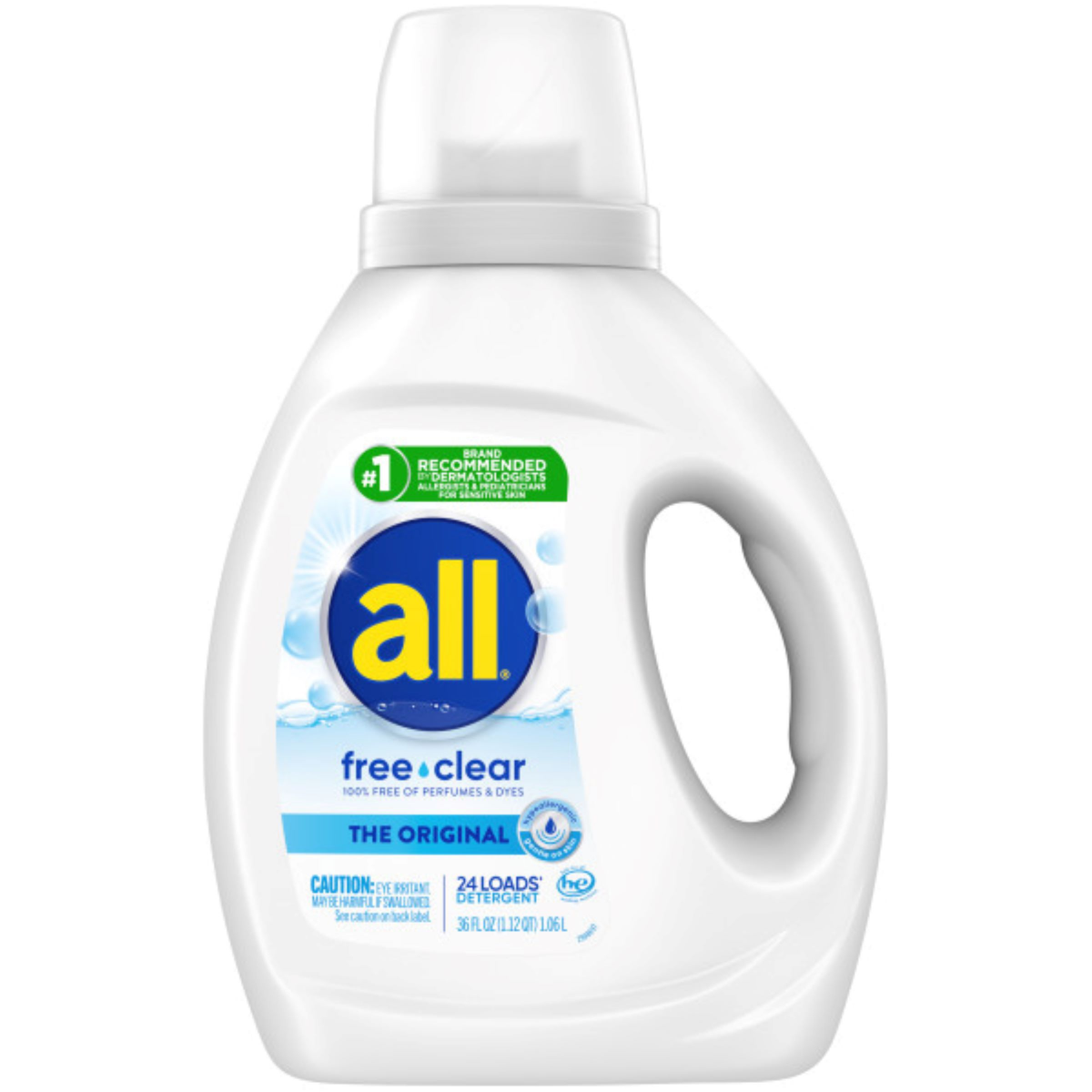 slide 1 of 1, All Liquid Laundry Detergent, Free Clear for Sensitive Skin, 36 Fluid Ounces, 24 Loads, 36 fl oz