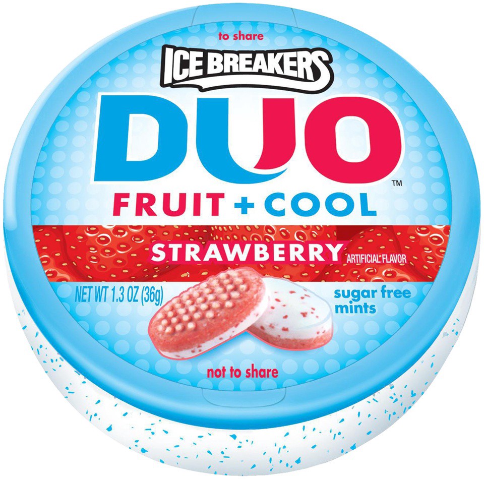 slide 1 of 1, Ice Breakers Duo Fruit Plus Cool Strawberry Sugar Free Mints Tin, 1.3 oz, 1.3 oz