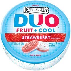 Ice Breakers Duo Fruit Plus Cool Strawberry Sugar Free Mints Tin, 1.3 oz
