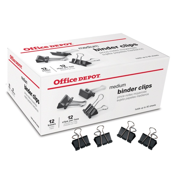 slide 1 of 2, Office Depot Brand Binder Clips, Medium, 1-1/4" Wide, 5/8" Capacity, Black, Pack Of 144 (12 Boxes Of 12 Clips), 144 ct