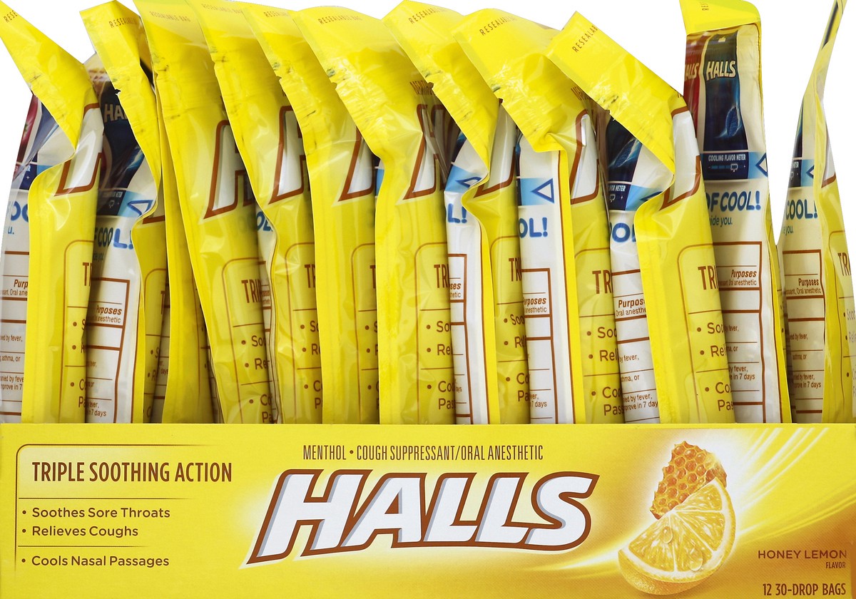 slide 2 of 5, HALLS Relief Honey Lemon Cough Drops, 12 Packs of 30 Drops (360 Total Drops), 39.36 oz