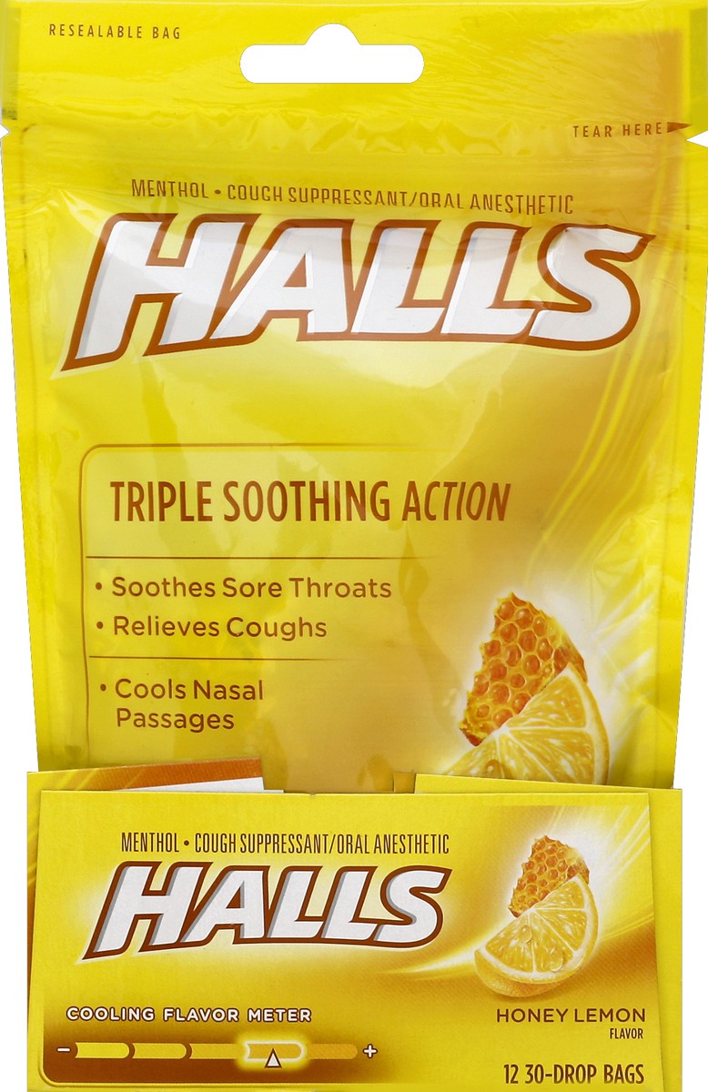slide 4 of 5, HALLS Relief Honey Lemon Cough Drops, 12 Packs of 30 Drops (360 Total Drops), 39.36 oz